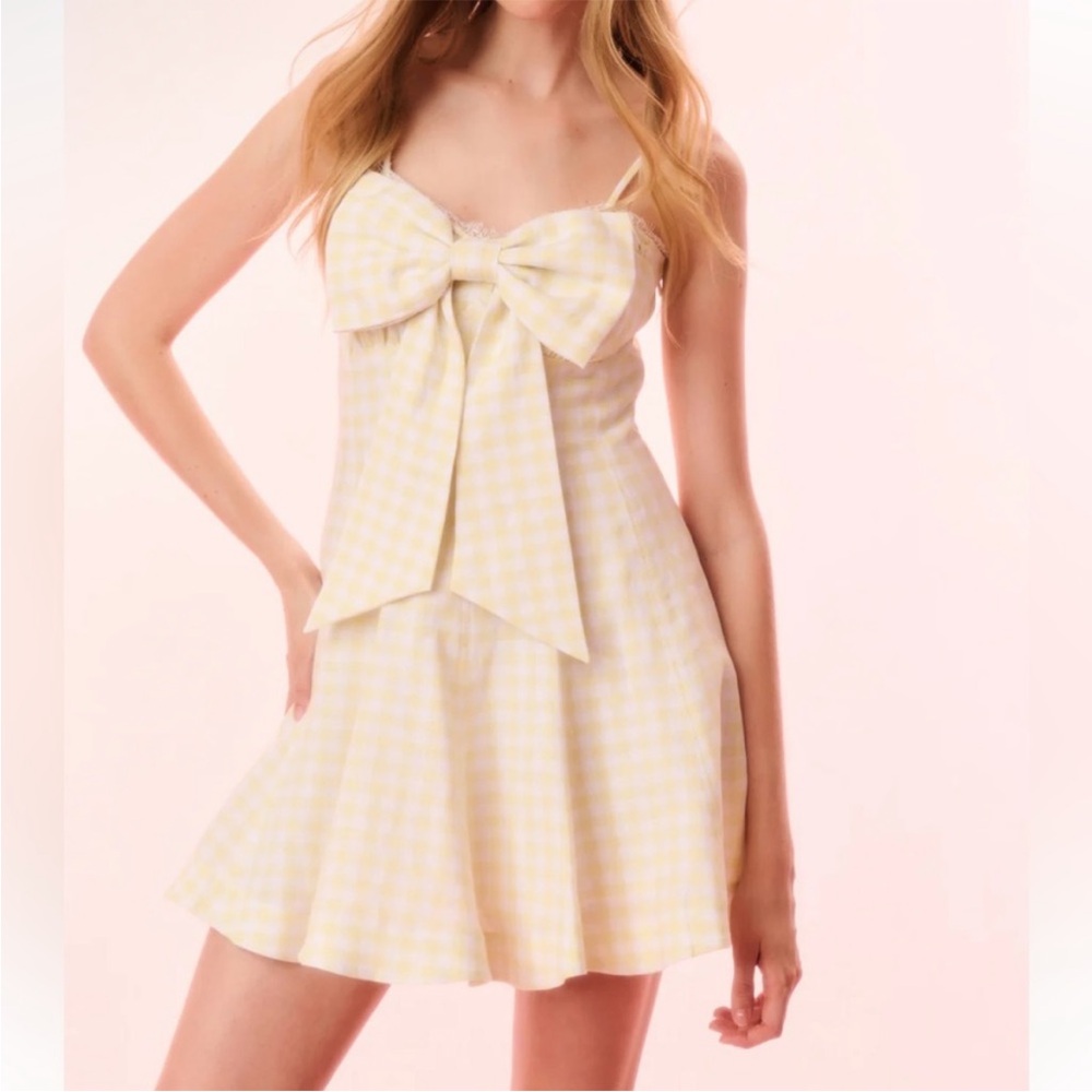 LoveShackFancy Yellow Checkered Dress Clarine Linen Gingham Bow